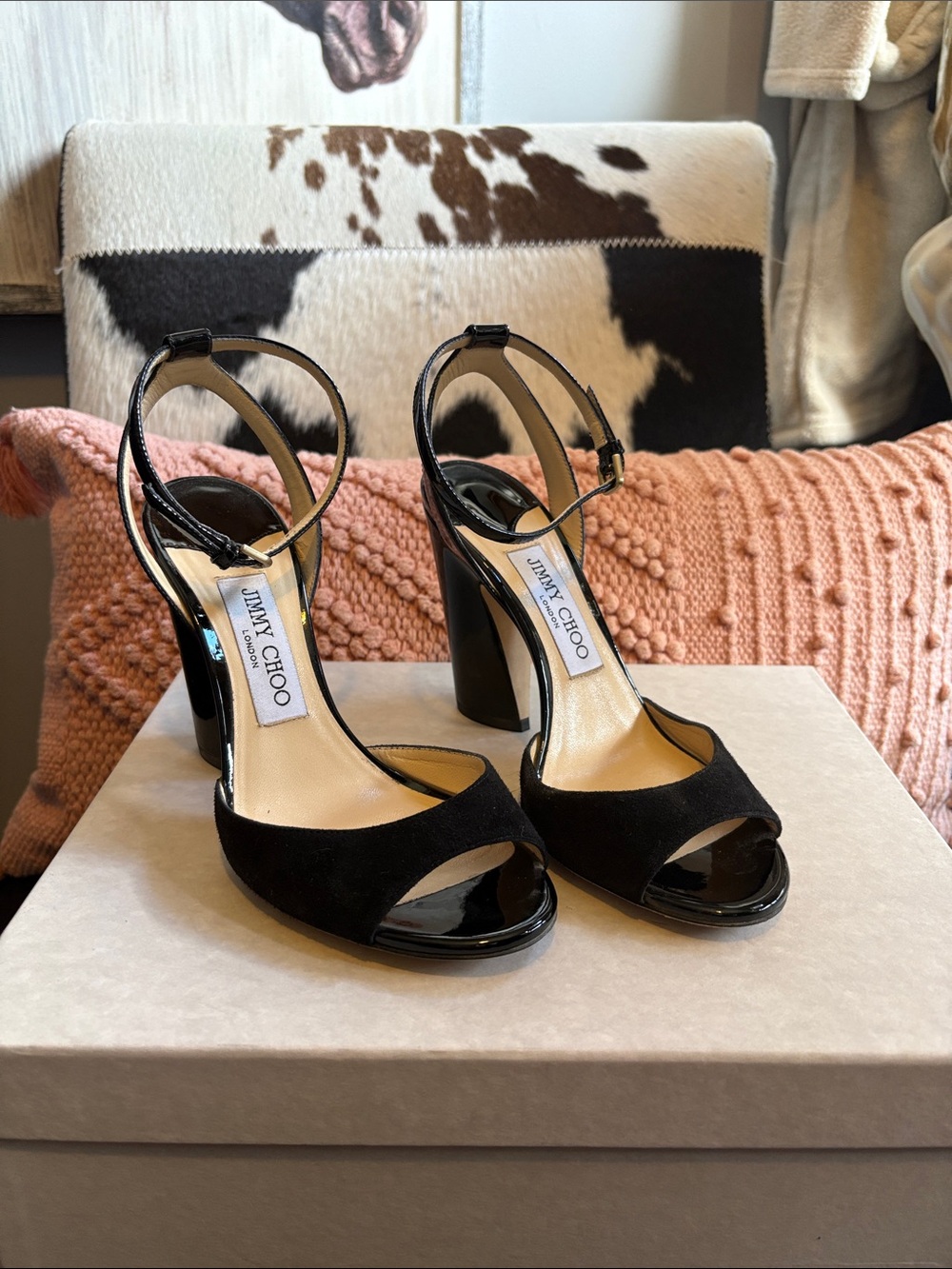 Jimmy Choo Black Suede and Patent Leather Ankle-Strap Heels